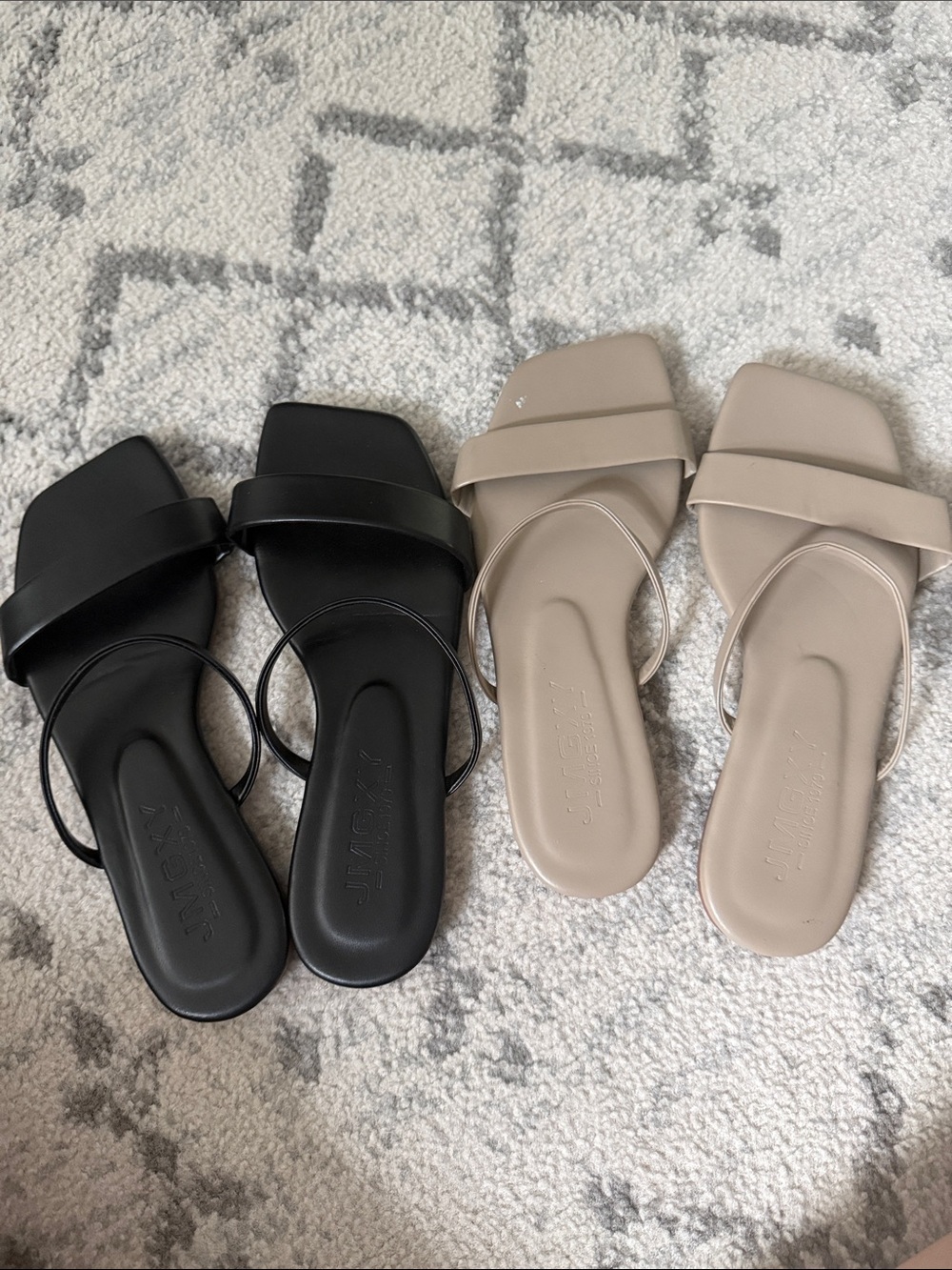 Minimal Square-Toe Slide Sandals in Black and Taupe